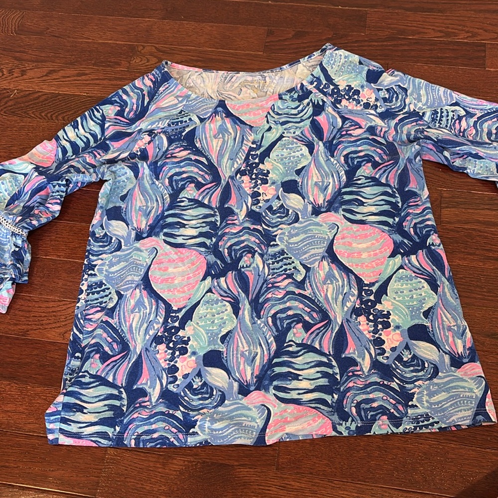 Lilly Pulitzer Laddie Top Twilight Blue Scale Up Blouse shirt ruffle sleeve M